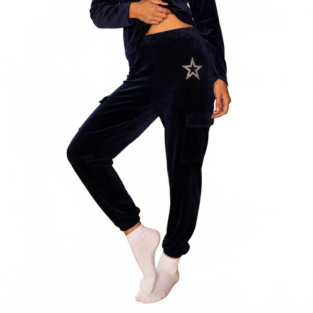 NEW LAUREN JAMES dallas cowboys velour rhinestone star cargo joggers in navy